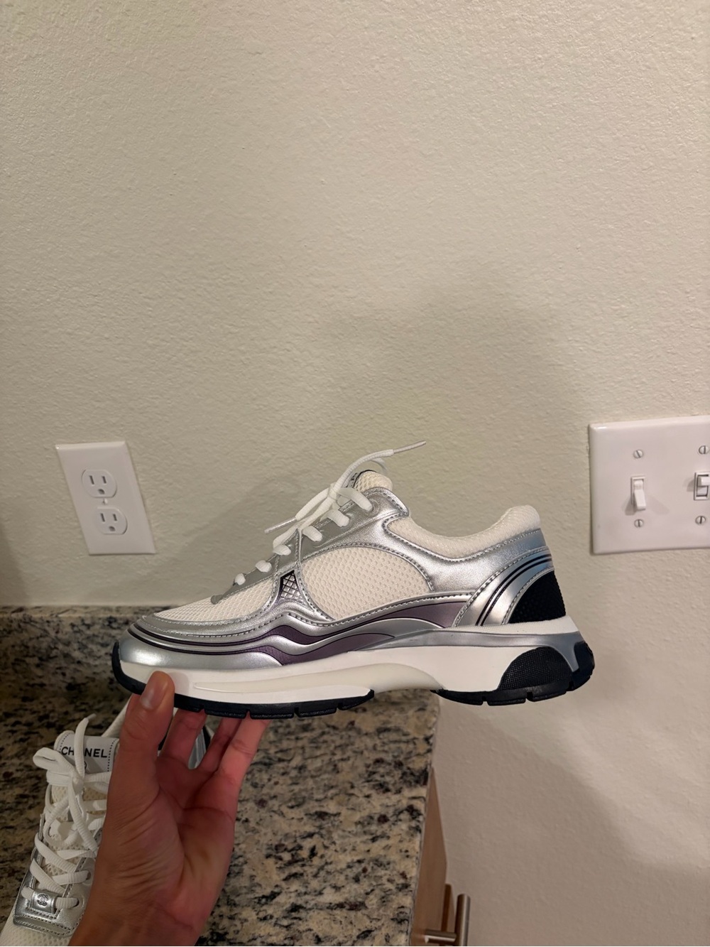 CHANEL White Silver Metallic CC Logo Sneakers - Picture 3 of 6